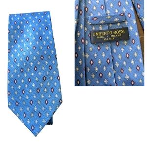 VTG Umberto Bossi Light Blue Silk Men's Tie with Geometric Diamond Pattern
